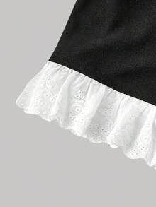 SHEIN MOD Áo kiểu tay cánh hoa màu đen trắng dành cho nữ cỡ lớn - Đen và trắng - Xem 5