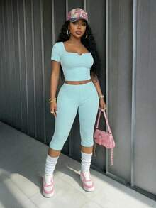 Slaydiva 早春新款，春夏音乐节、情人节、复活节休闲简约基础款Y2K街头甜美畅销款，日常约会、辣妹风、性感运动风，方领V领短袖，后腰系带设计，露背T恤+七分裤，后腰V领褶皱设计，紧身裤，薄荷蓝套装，女士两件套 -A - 薄荷藍 - 查看 4