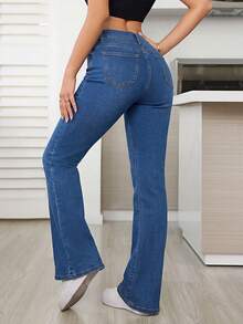 SHEIN Tall Quần jeans ống loe dáng ôm, cạp trung, có túi, dành cho nữ. - Rửa trung bình - Xem 2