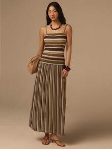 COSMINA 女士优雅印花条纹无袖连衣裙，适合通勤、办公、外出、海滩、约会、晚宴等多种场合，春季百搭 - 彩色 - 查看 3