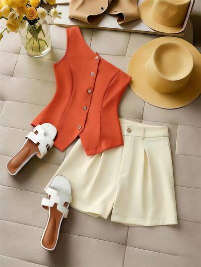 Franclia Sleeveless Off-The-Shoulder Neckline, Cinched Waist, Open-Front Solid Color Top + Single-Button Solid Color Cinched Waist Suit Fabric Short Pants, 
A Two-Piece Set With Contrasting Colors, Suitable For Wearing In Spring, Summer, Autumn And Winter. An Elegant And Casual Two-Piece Set For Women, Suitable For Elegant, Fashionable, Simple And Casual Office Wear. Women's Summer Two-Piece Short Pants Set, Women's Summer Clothing Set, Women's Spring Clothing Set, Korean-Style Women's Wear, Women's Festival Wear, Women's Casual Set, Women's Elegant Set, Women's Vacation Outfit, Women's Office Wear, Women's Office Outfit, Women's Workwear. Yellow Top, White Pants, Two-Piece Set.