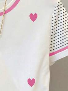 SHEIN 年轻女孩爱心印花宽松休闲撞色条纹圆领T恤 - 彩色 - 查看 4