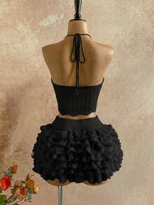 Soleia Women's Romantic Vacation Knit Halter Neck Tie Top And Multi-Layer Ruffle Hem Midi Skirt 2-Piece Set, Suitable For Beach, Seaside, Sexy, Dating Beach Skirt Set Vacation Outfits Woman 2 Piece Women Summer 2 Pieces Sets Festival Two Piece Outfit Skirt Swimsuit Set - Black - View 2