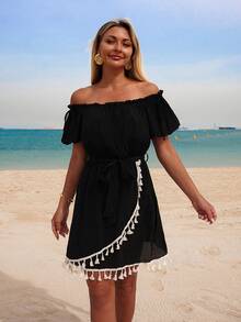 Swim Lushoire Women's Summer Beach Off Shoulder Bowknot Elastic Waist Patchwork Bohemian Tassel Trim Casual Vacation Dress - Black - View 6