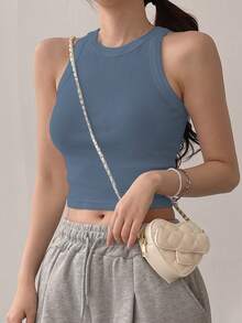 DAZY Blusa de mujer de unicolor con cuello redondo, de uso versátil y casual para uso diario - Azul - Ver 2