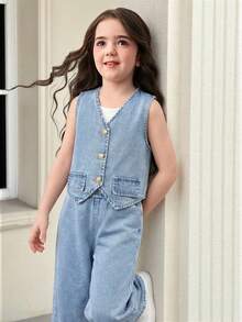 2pcs Young Girl' Light Blue Denim Sleeveless Vest And Loose Pants Set - Light Wash - View 6