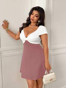 Femmeverse Vestido de fiesta elegante con cintura fruncida y parches para mujer de talla grande - Multicolor - Ver 5