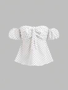 Sunnyshic 法式优雅波点露肩花瓣袖收腰A字下摆休闲女式衬衫 - 白色 - 查看 1