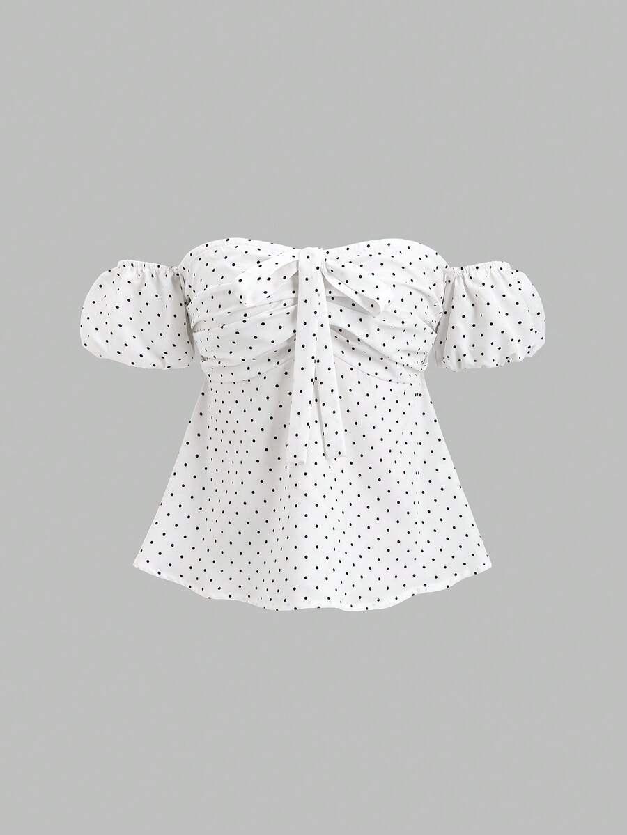 Sunnyshic 法式优雅波点露肩花瓣袖收腰A字下摆休闲女式衬衫 - 白色 - 查看 1