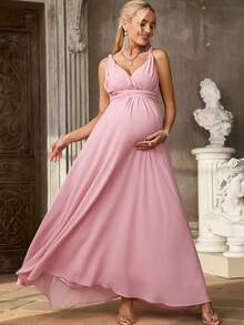 SHEIN Pink Summer Elegant Maternity Dress For Photoshoot,Pregnant Wedding Clothes,Solid Color Ruched Design Comfortable Camisole Dress - Pink - View 4