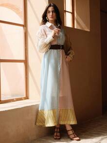Anewsta Petite Women's Pink Stripe Summer Elegant Brunch Vacation Holiday Colorful Striped Polo Collar Lantern Sleeve Asymmetrical Patchwork Long Dress With Belt , Petite Women - Multicolor - View 5
