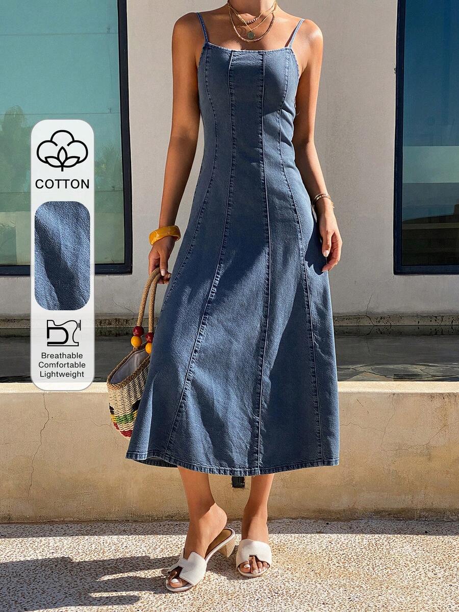 DAZY Women's Elegant Washed Denim Sling Dress, Summer - Blue - View 1