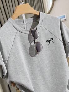 Casual Minimalist Bow Print Raglan Sleeve Loose Short Sleeve T-Shirt Set For Teen GirlLight Gray - Light Grey - View 6
