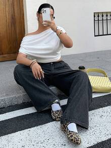 Dazy Plus Dark Wash Blue Waistband Patchwork Drawstring Straight Leg Long Jeans, All Season - Dark Grey - View 5