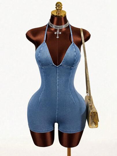 Mistrie Women's Fitted Casual & Date Denim Halter Romper