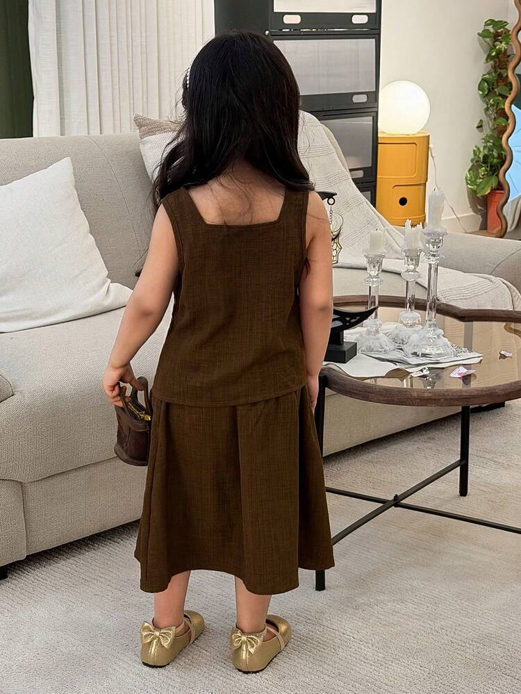 Young Girl Square Neck Top And Skirt Set Summer