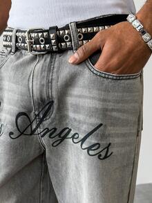 PAVTROS Washed Ash Grey Loose Straight Leg Jeans With English Slogan Print, Casual Street Style, Spring/Summer - Grey - View 6