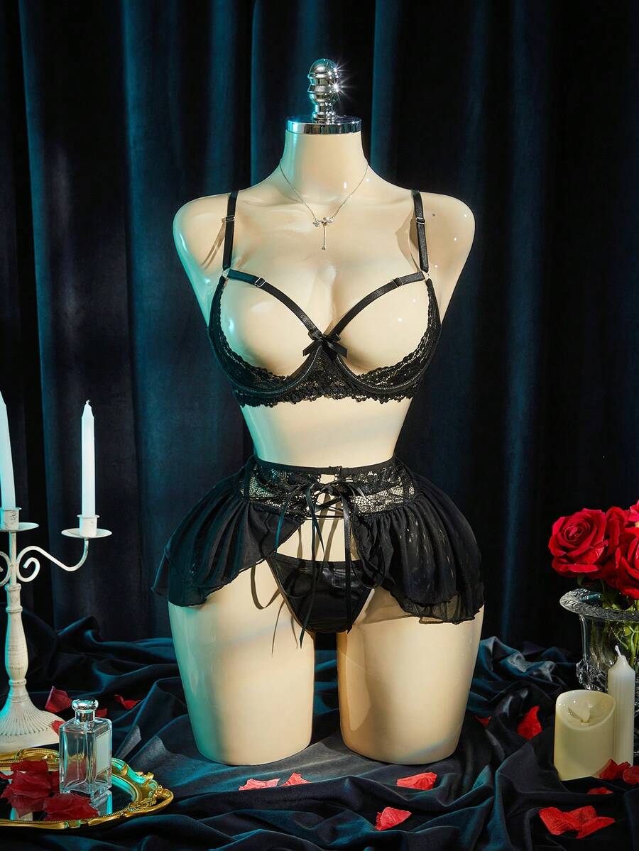 SpicyHot 3pcs Black Lace & Mesh Splice Lingerie Set, Extremely Sexy - Black - View 1