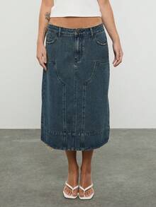 COUREZ 低腰工装风中长牛仔裙，深蓝色水洗/Y2K风格春季女装，蓝色牛仔裙，长裙，春假穿搭，音乐节穿搭，夏季穿搭，外出穿搭 - 深色水洗藍 - 查看 5