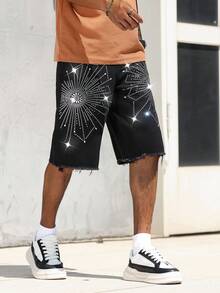 Manfinity EMRG Stylish Men's Rhinestone Black Denim Bermuda Shorts Avant-Garde Street Casual With Graphic Pattern - Black - View 6