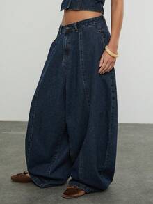 COUREZ Jeans holgados de globo de tiro bajo con detalle de costura frontal en lavado azul / Ropa de primavera Y2K para mujeres Pantalones vaqueros azules Atuendos de vacaciones de primavera Atuendos de festival Atuendos de verano Atuendos para salir - Azul lavado oscuro - Ver 5