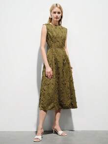 Aveloria Modichic Elegant Urban Commuting Dress, Sophisticated Design, Jacquard Fabric, Fringed, Sleeveless, Round Neck, Waist Cinched, Flared Midi Skirt, Slimming - Green - View 4