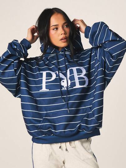 Missguided x Playboy 女士宽松海军蓝条纹连帽衫，印花长袖套头卫衣，休闲街头风，秋冬款