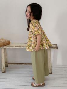 DAZY 少女碎花花瓣袖衬衫和裤子休闲套装 - 綠色 - 查看 6