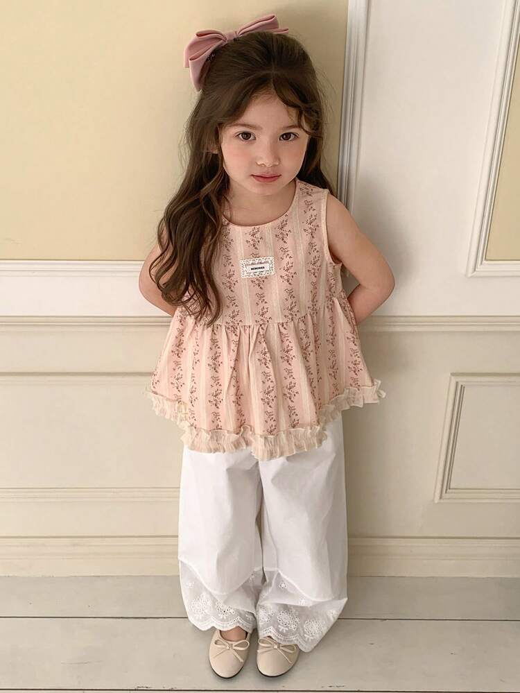 Young Girls Toddler Ditsy Floral Sleeveless Shirt And Pants 2-Piece Set, Fall Outfit Summer