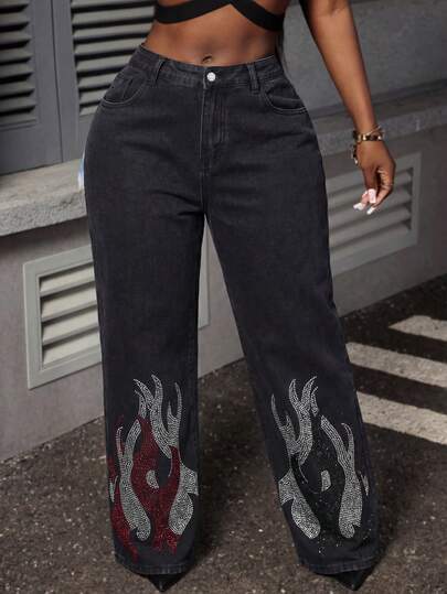 Slaydiva 大码女式宽松口袋阔腿休闲牛仔裤