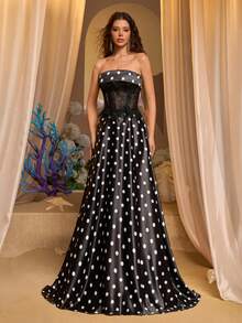 Glamrae Elegant & Luxurious Black & White Digital Print Contrast Lace Strapless Waist Cutout Maxi Formal Evening Gown - Black - View 7