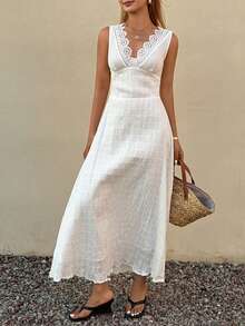 DAZY Women's Solid Color Contrast Lace Deep V-Neck Sleeveless Dress Sundress Vacation - White - View 6