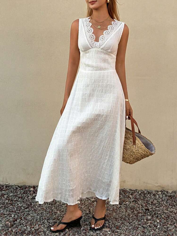 Women's Solid Color Contrast Lace Deep V-Neck Sleeveless Dress Summer Sun Dresses For Women