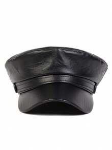 Arave Classic Versatile Simple Solid Color PU Leather Beret Hat - Black - View 3