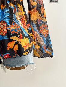 Soleia 大码女士度假针织网纱复古花卉图案V领长袖喇叭袖前系带蝴蝶结A字衬衫 - 彩色 - 查看 8