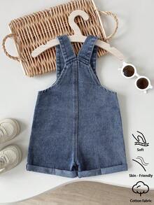 SHEIN Playful Pals Baby Boys' Washed Denim Shorts,Blue Summer Casual City Break Stylish Street Fashion Distressed Cotton Soft Adjustable Strap Pocket Decor Overalls - Medium Wash - View 2