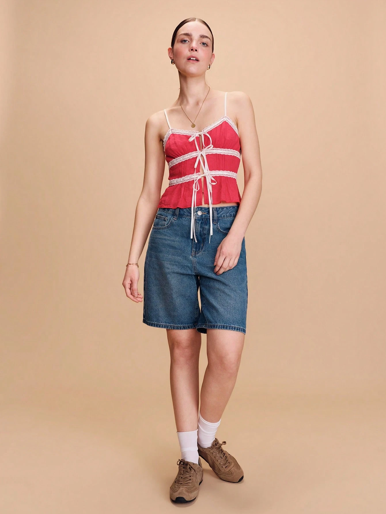 Red Chiffon Cami Top With Satin Bow Tie Front Detail And Lace Panel French Boho Top Spring Summer Vacation Top Holiday Top