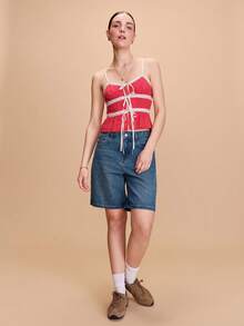 lacRébo Red Chiffon Cami Top With Satin Bow Tie Front Detail And Lace Panel French Boho Top Spring Summer Vacation Top Holiday Top - Red - View 4