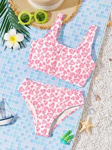 Tween Girl Casual Minimalist Heart Print Tankini Swimwear Set, Suitable For Summer - Multicolor - View 3