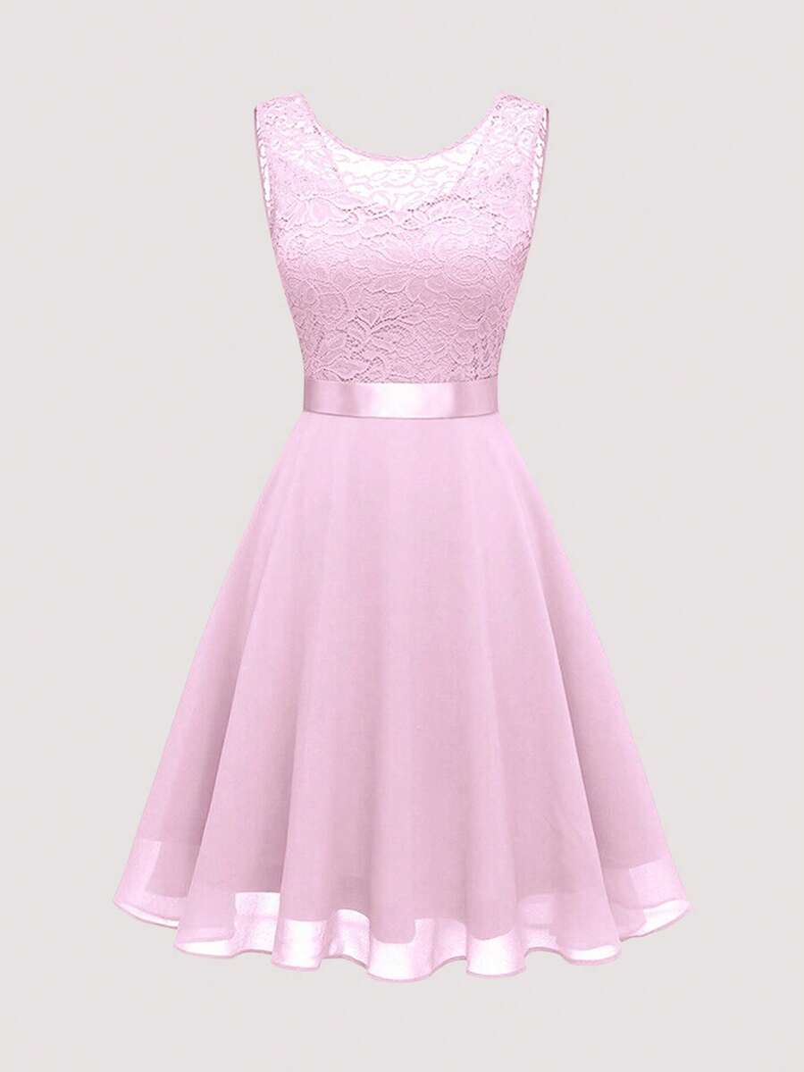 Olithes Women's Sleeveless Pink Lace Dress, Summer - Baby Pink - View 1