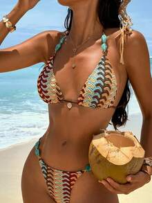 Swim Vcay Women's Multicolor Turquoise Beaded Metal Pendant Bikini Tie-Up Set (2pcs With Lining) - Multicolor - View 1