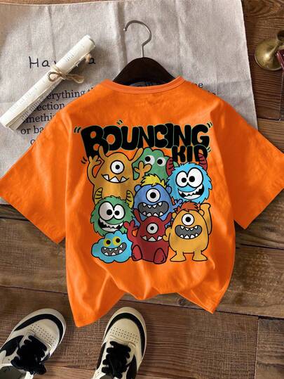 SHEIN Young Boys Casual Simple Round Neck T-Shirt, Suitable For Summer