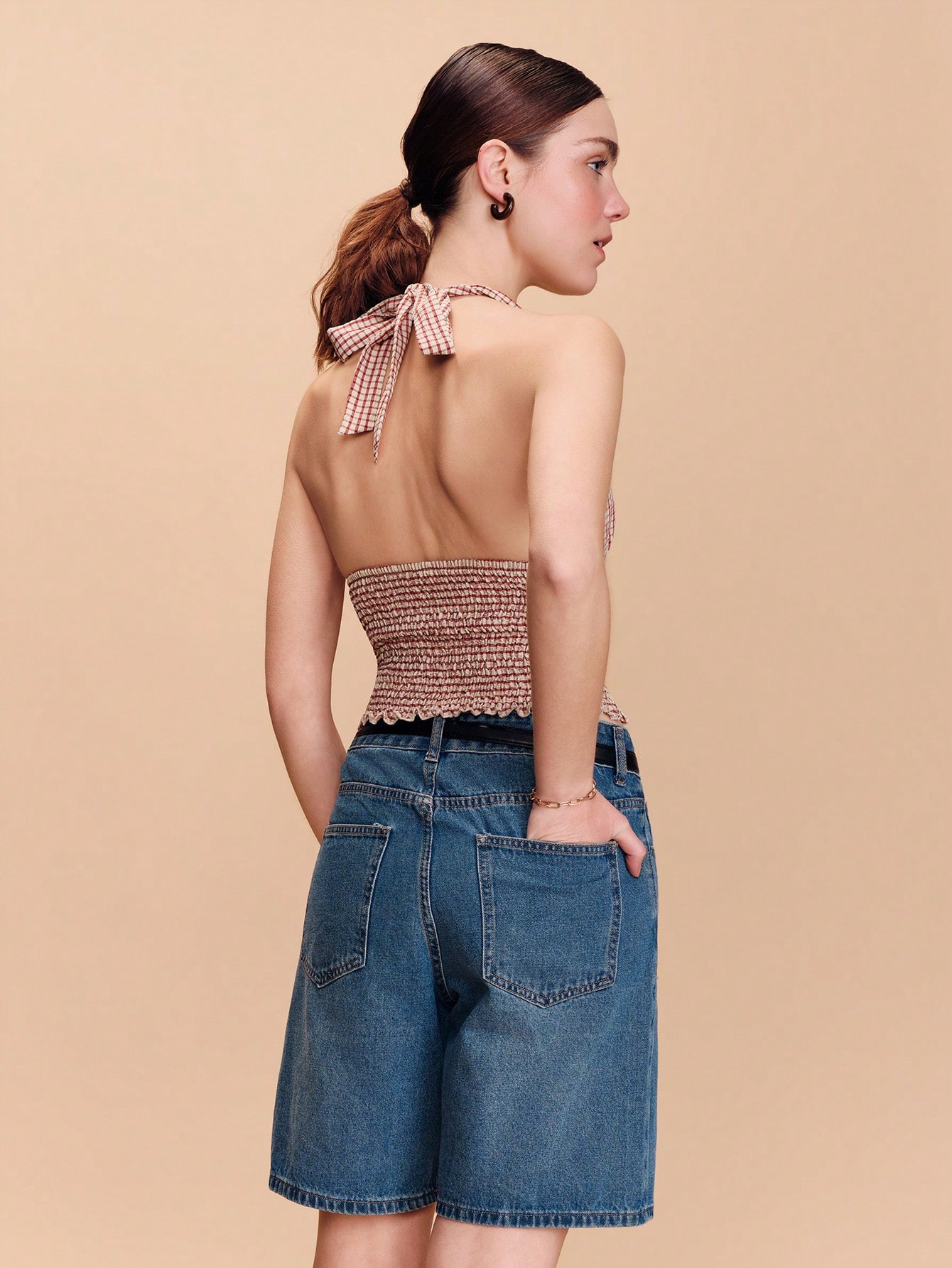 Burgundy Plaid Tank Top With A Tie-Around-The-Neck Detail And A Smocked Waist Cute Vacation Top Holiday Top Spring Summer French Style Parisian Style Womens Summer Outfits Retro Outfit For Women