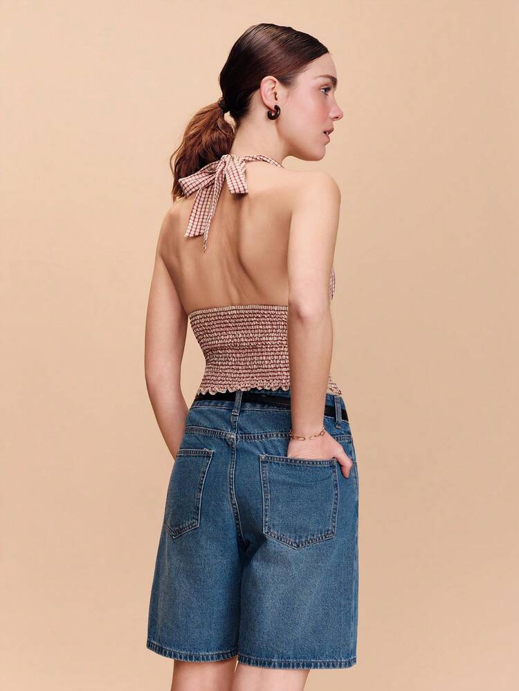 Burgundy Plaid Tank Top With A Tie-Around-The-Neck Detail And A Smocked Waist Cute Vacation Top Holiday Top Spring Summer French Style Parisian Style Women's Summer Outfits Retro Outfit For Women