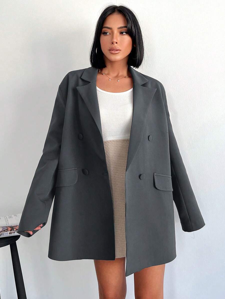 SHEIN Cottnline Women's Solid Color Notched Collar Double Breasted Long Sleeve Blazer For Autumn - Dark Grey - View 1