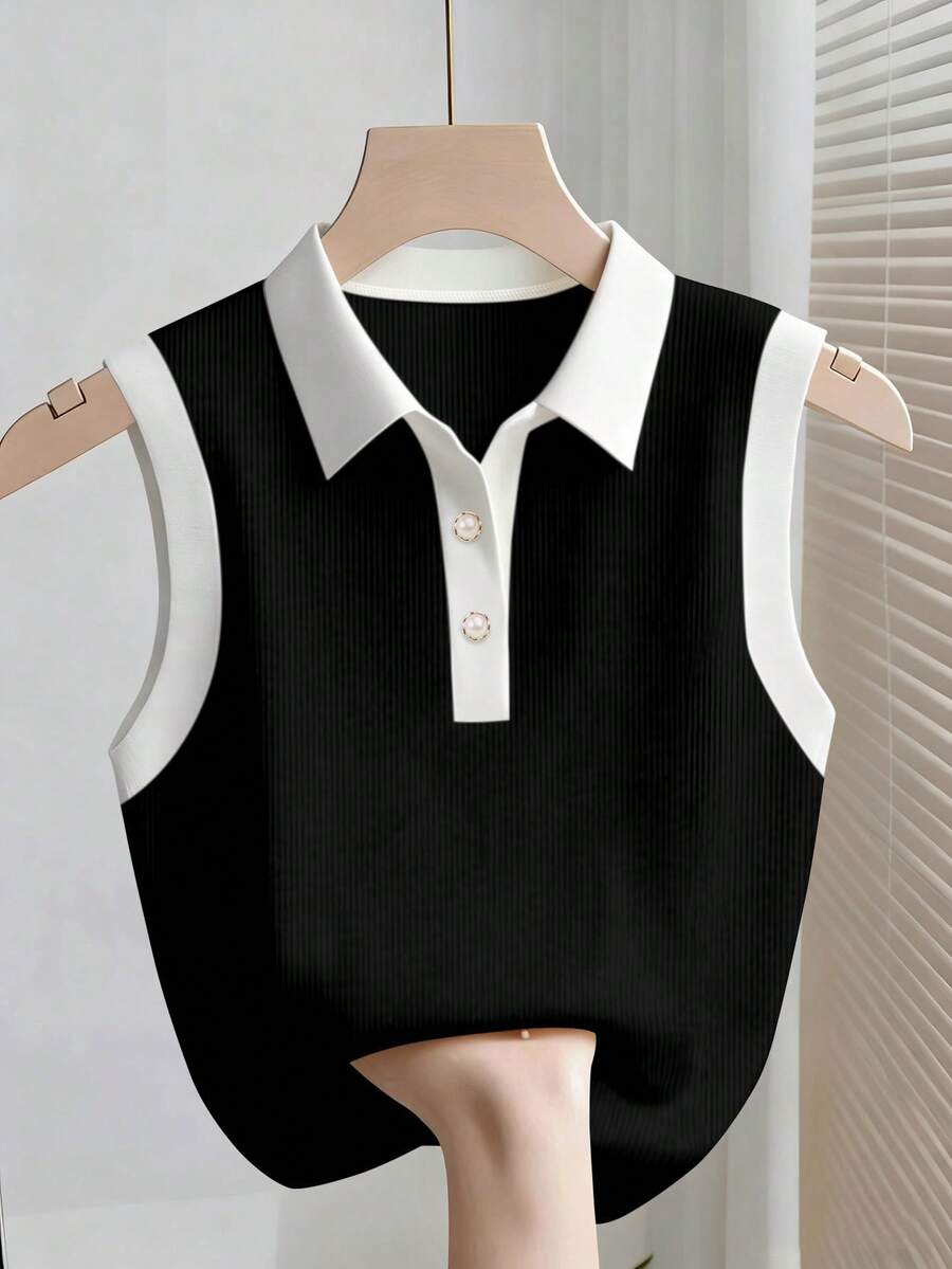 Franclia Áo tank top không tay phối màu tương phản thời trang nữ - Đen và trắng - Xem 1