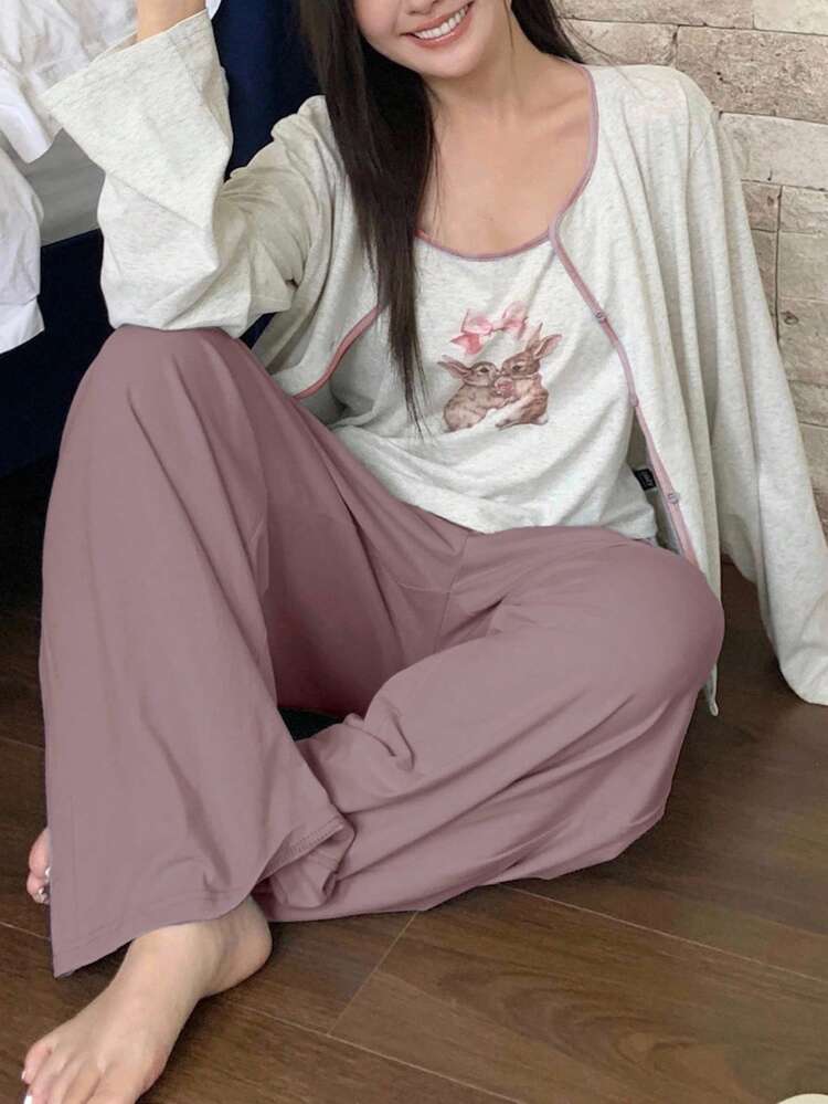 Dazy Plus 3pcs Contrast Color Cute Rabbit Print Camisole Cardigan & Solid Color Pants Pajama Set, Plus Size