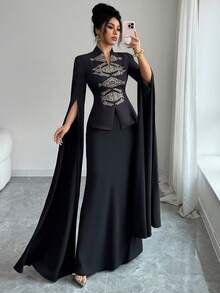 SHEIN Elenzya Middle Eastern Elegant Women's Black Placement Print 2-Piece Set, Chinese Style Outfit With Super Long Slit Flared Sleeves, Symmetrical Gold Foil Print On Front Bodice And Maxi Skirt, Casual Elegant Vacation Party Outfit, Middle Eastern Festival Wear Elegant Woman Clothing Dress With Cape Dress Elegant Two Piece Abaya Modest Formal Dress - Black - View 1