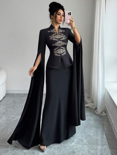 SHEIN Elenzya Middle Eastern Elegant Women's Black Placement Print 2-Piece Set, Chinese Style Outfit With Super Long Slit Flared Sleeves, Symmetrical Gold Foil Print On Front Bodice And Maxi Skirt, Casual Elegant Vacation Party Outfit, Middle Eastern Festival Wear Elegant Woman Clothing Dress With Cape Dress Elegant Two Piece Abaya Modest Formal Dress
