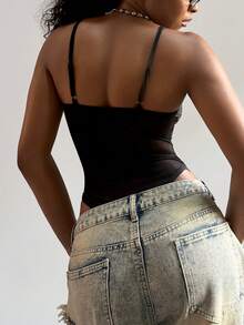 StreetHx 女士PU皮革网纱镂空性感露背连体衣，适合音乐节、派对等场合 - 黑色 - 查看 2